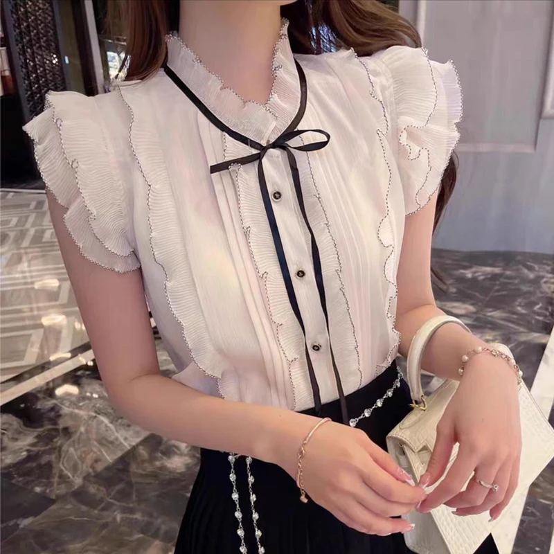Женская шифоновая блузка без рукавов, блузка составного кроя с воротником-стойкой и оборками, лето 2023