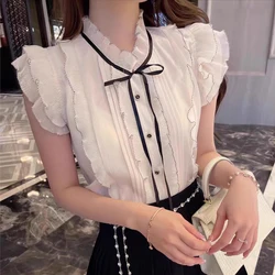 2023 Summer Ruffles Tops Stand collar Sleeveless Women blouse shirt Patchwork Lace Up Chiffon Tops