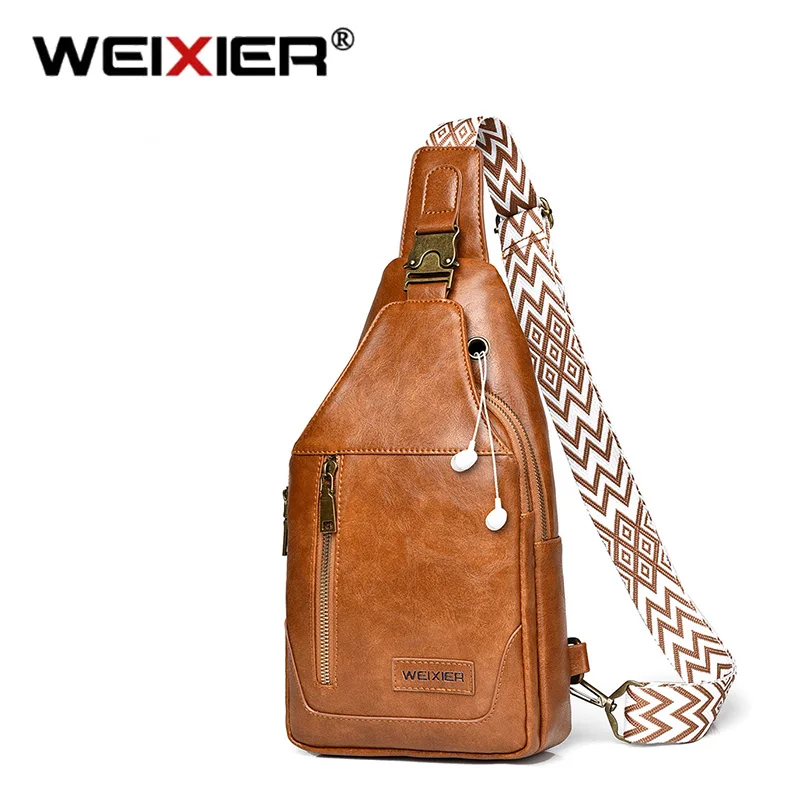 WEIXIER 2024 New Retro Men High capacity Crossbody Bag Leisure Fashion Brand PU Portable Chest Bags Waterproof Motorcycle Bag