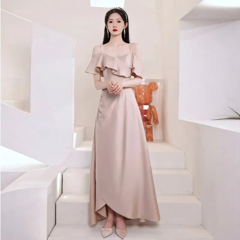 

Customized High-End Satin Bridesmaid Dress in Pink with Strap Long Gown Suitable For Women BL003-1