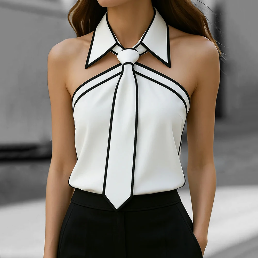 Camisetas sin mangas elegantes para Mujer, Top sin mangas con solapa y tirantes para el cuello, Blusas informales de oficina para Mujer, chaleco con encuadernación en contraste