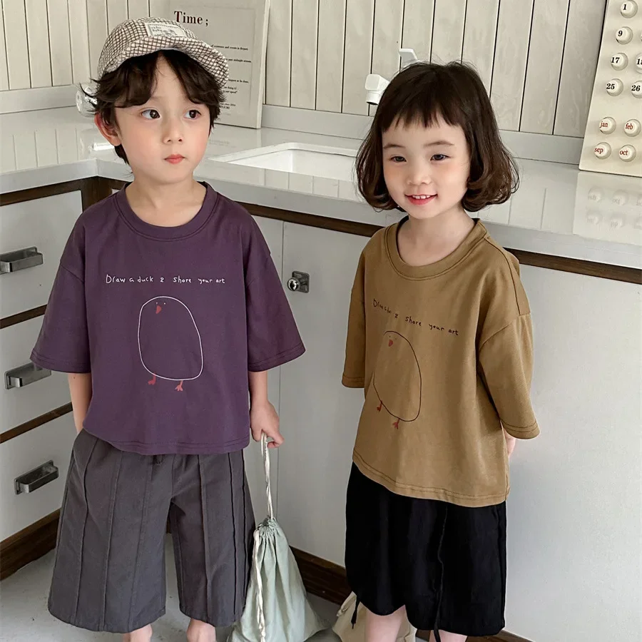 

Childrens Top 2024 Summer New Korean Casual Fashion Solid Color Printed Top Loose and Comfortable Children Clothing for Outdoor