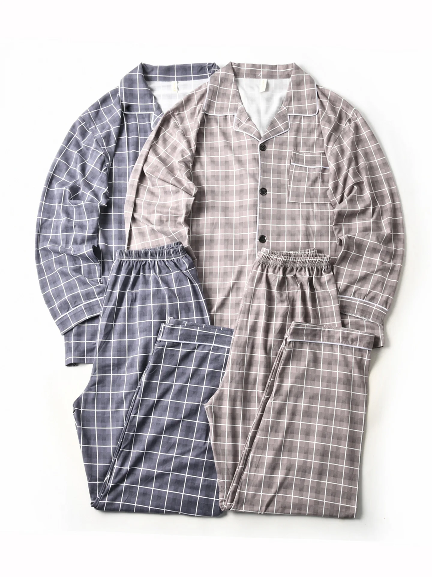 New American Style Cotton Sleepwear Loose Comfortable Long Sleeve Cuban Collar Home Clothes Set for Men Soft Breathable