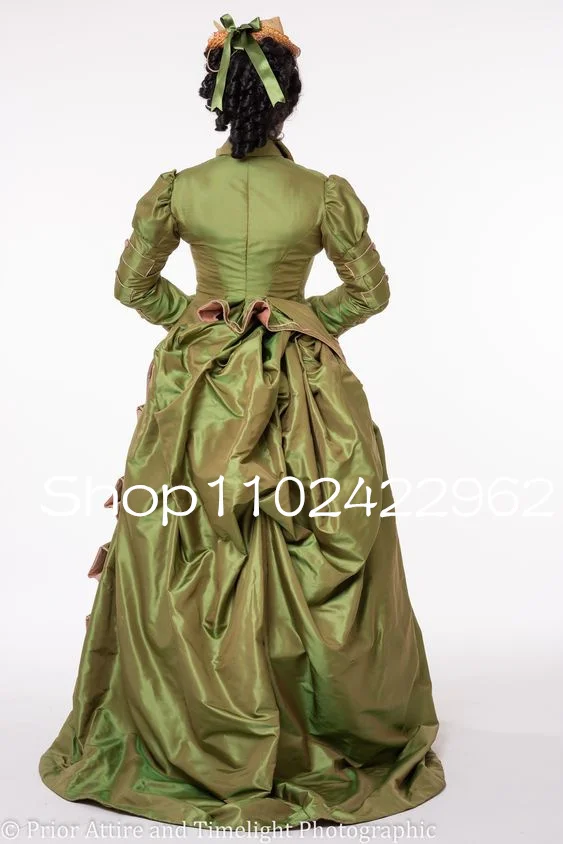 Victorian and Edwardian Olive Green Prom Dresses with Long Sleeve Plus Size Bustle Gypsy Historical Evening Occasion Gown