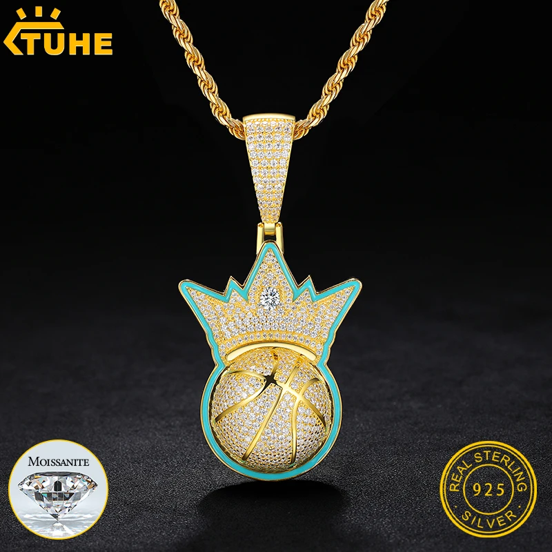 TUHE Unisex S925 Basketball Pendant Necklace Iced Out Moissanite Gold Silver Color Glue Pendant For Men Hip Hop Fine Jewelry