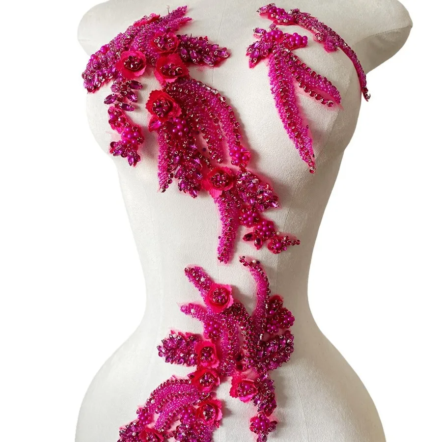 14 Colors Handwork Beaded 3D Floral Tassel Patches Material 4 Pieces Decorative Embellishments Fabric Evening Dress Accessories