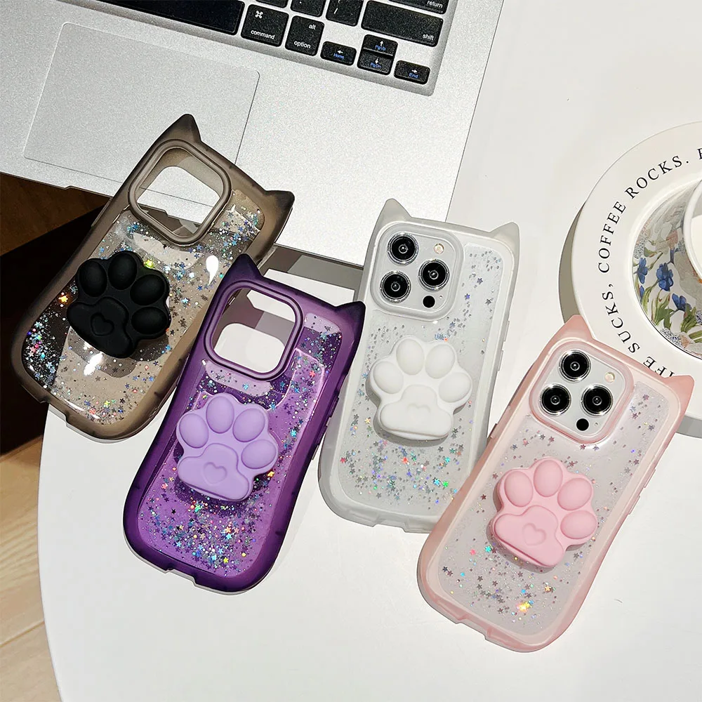 3D Cat's Paw Cat Ears Phone Case with Bracket For iPhone 15 14 Plus 13 12 11 Pro Max Korean Bling Glitter Star Shockproof Cover