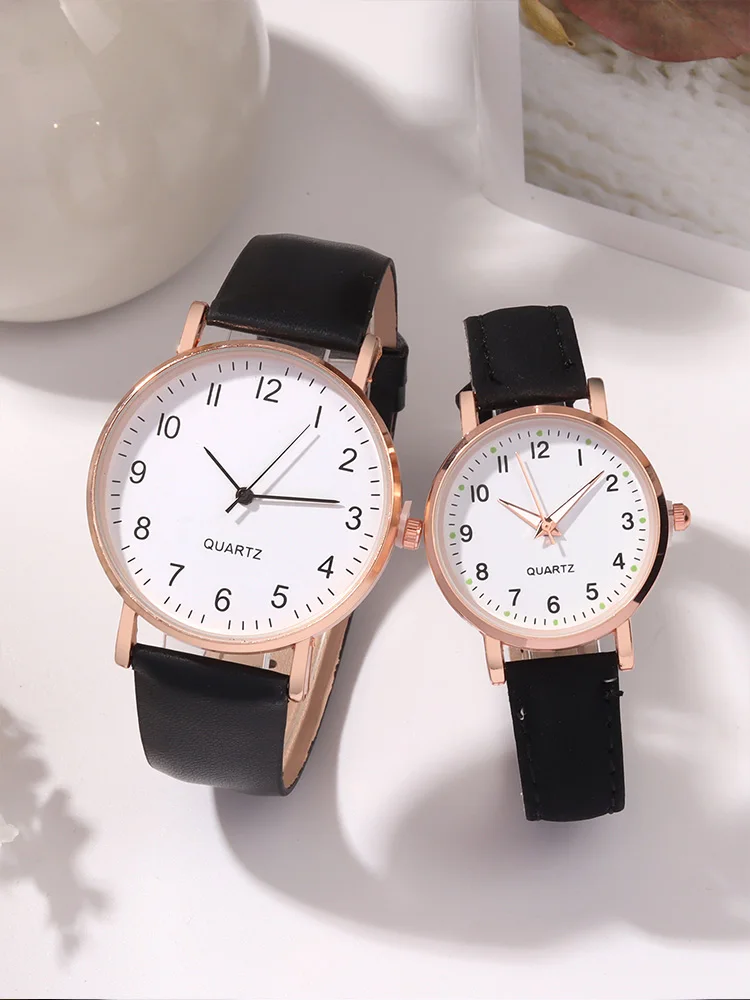 4pcs Trendy, Simple and Casual Quartz Watches for Student Couples+heart-shaped Patchwork Couple Necklaces