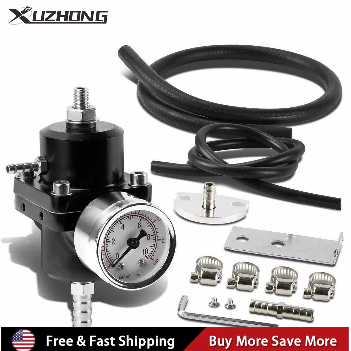 Regulador de presión de combustible ajustable universal de aluminio + manómetro + kit de montaje negro