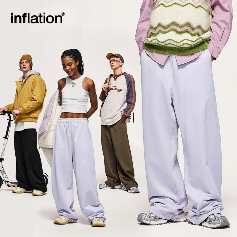 INFLATION Unisex Stacked Pants 2023 Autumn Heavy Weight  Wide Leg Sweatpants Mens Solid Color 100% Cotton Track Pant