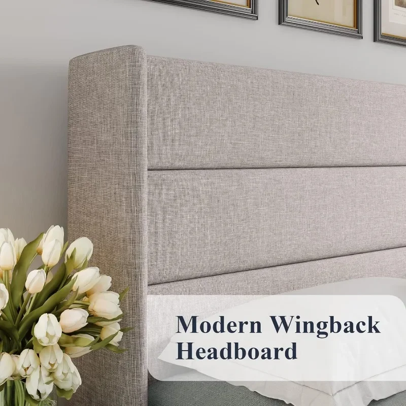 Modernes Wingback-Kopfteil, kein Box spring benötigt, hydraulische Lagerung, hellbeige