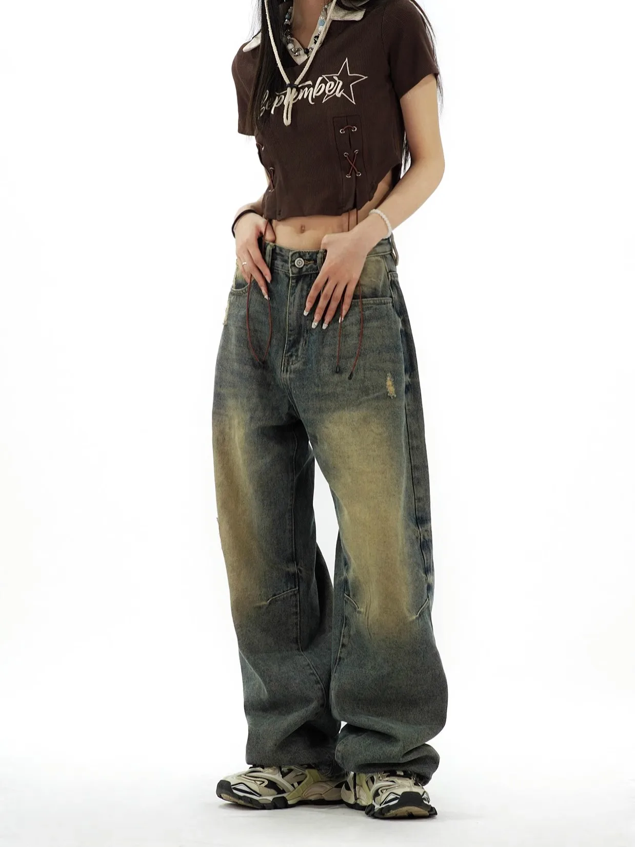 WCFCX STUDIO Y2K Distressed Baggy Jeans Women Vintage 90s Oversize Wide Leg Denim Pants Gyaru Harajuku Jeans