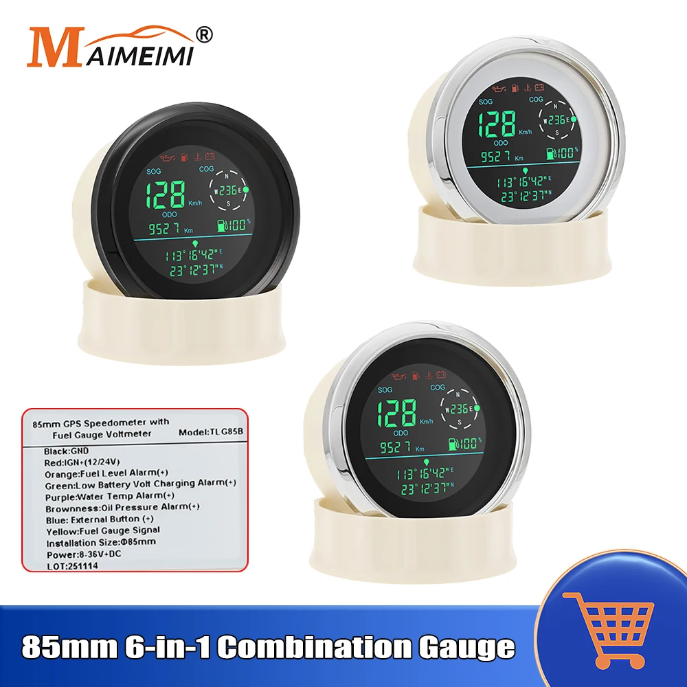 

85mm Digital GPS Speedometer Knots Odometer Voltmeter Tire Press Temp Alarm Tachometer Fuel Level 6 in 1 Car Combination Gauge