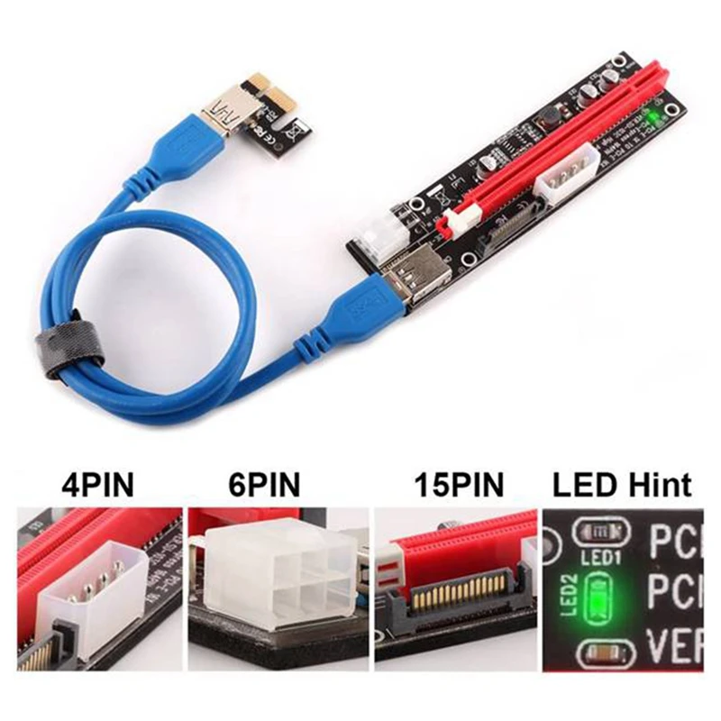 5PCS 3In1 PCI-E Riser VER103C Express 1X 4X 8X 16X Extender PCI E USB Riser Adapter Card SATA 15Pin For BTC Mining