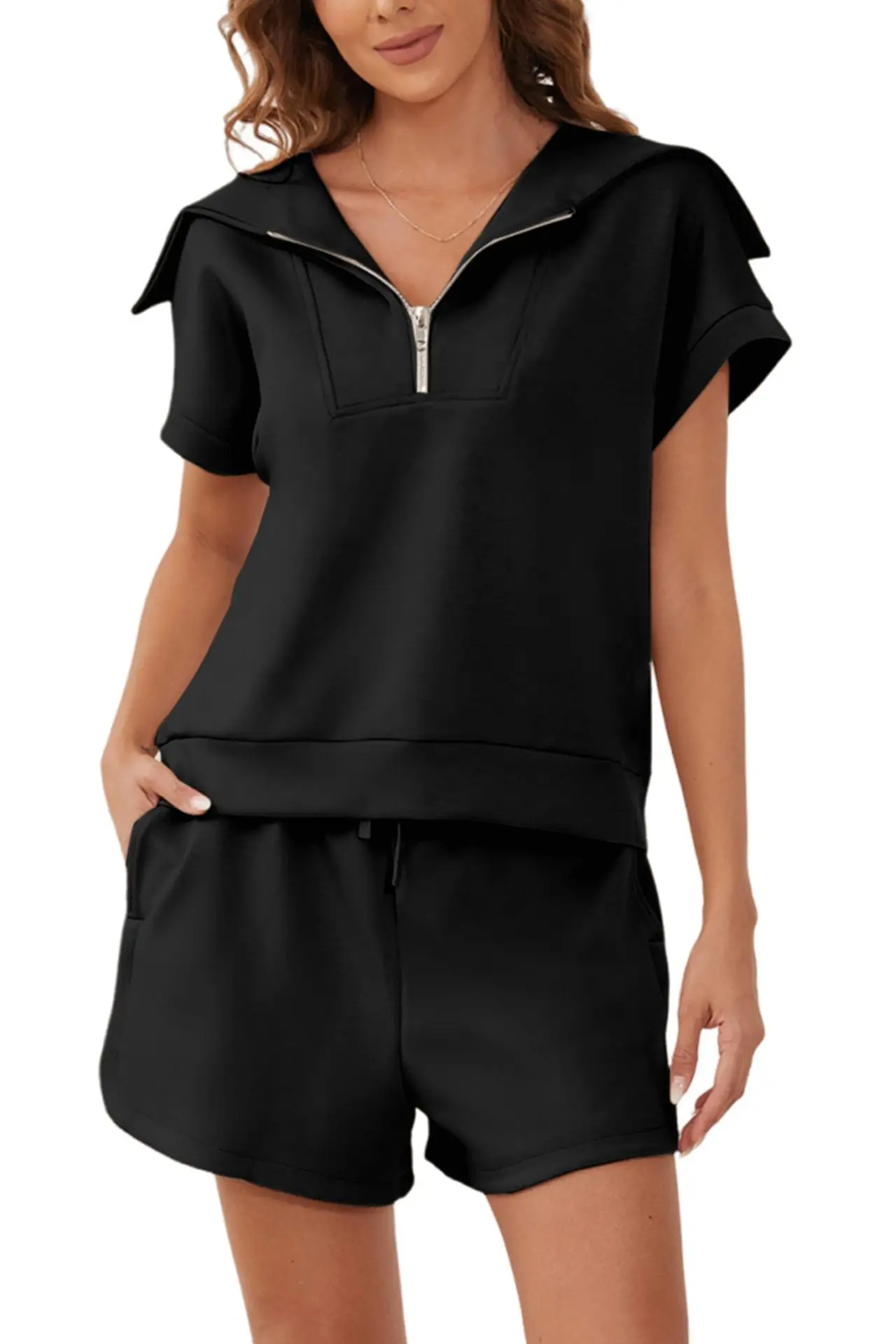 Women's Top Shorts Half Zipper Turn Lower Bottom Collar Short Sleeve Shirt Zipper Elastic Elastic Waist Shorts Clothing