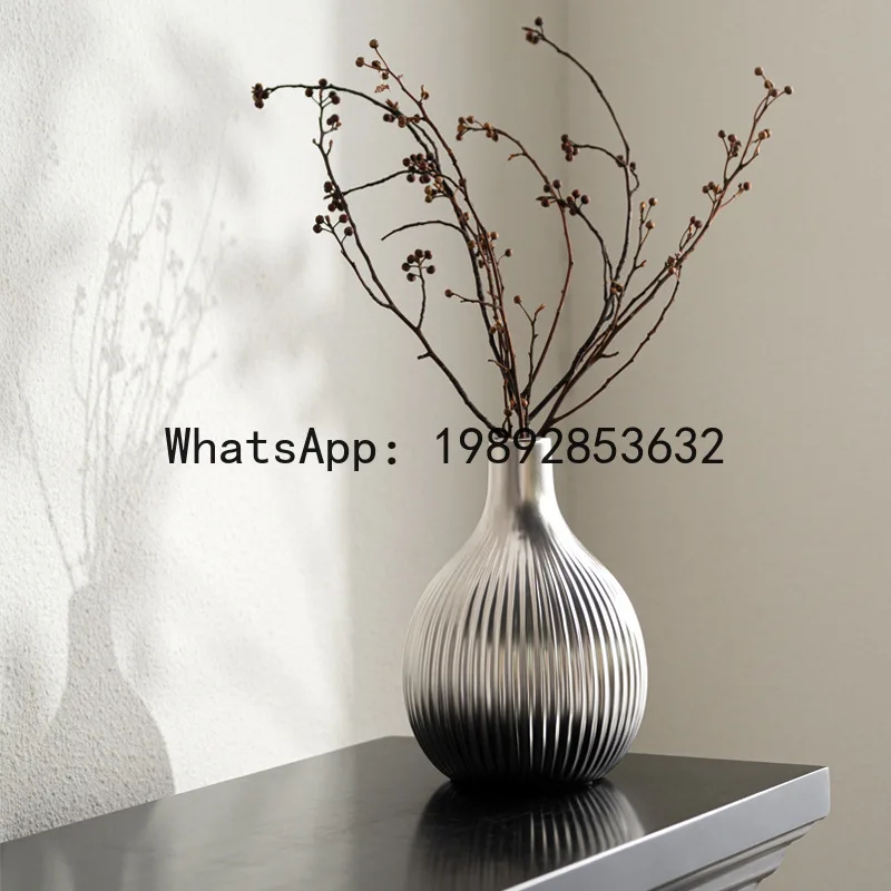 

P4-1 Modern Light Luxury Matte Silver Striped Ceramic Vase Living Room Soft Decoration Ornament