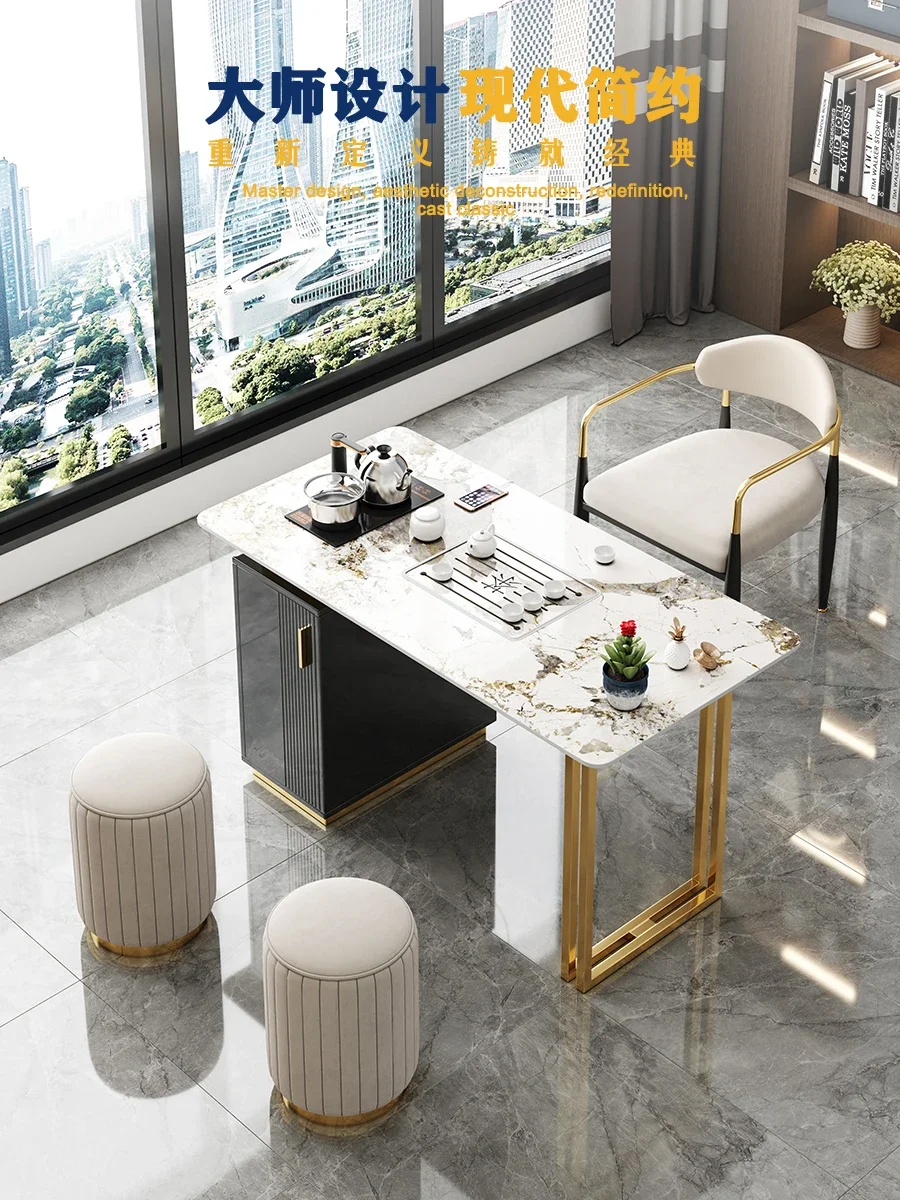 Rock slab tea table, light luxury household small tea table, kettle, integrated simple modern coffee table, office balcony, kung