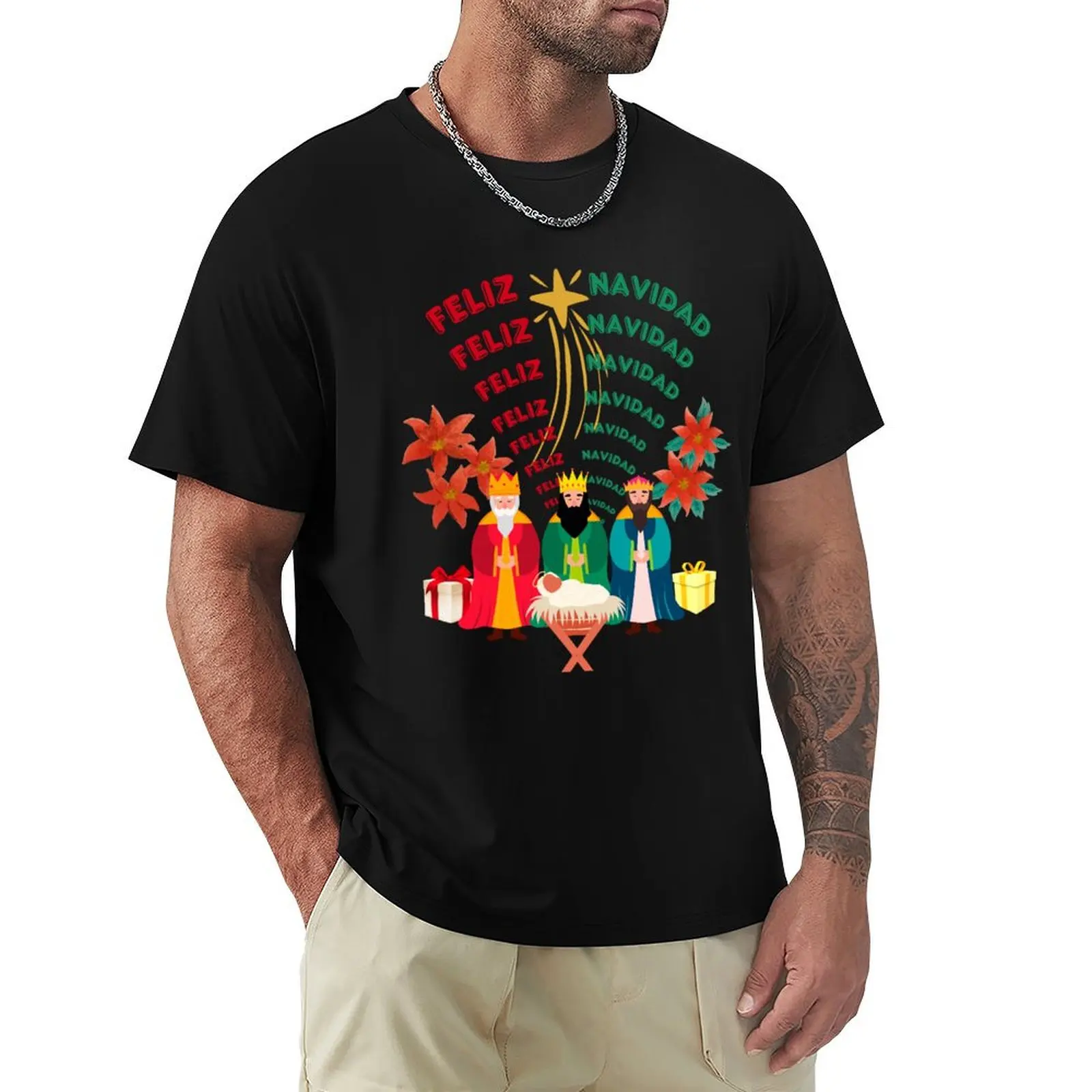 Feliz Navidad con el bebe Jesus, los 3 Reyes T-Shirt Soft Durable Cotton T-Shirt