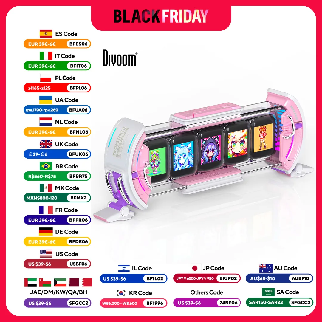 Divoom Times Gate Cute Gaming Digital Clock Informative Display Social Media, Pixel Art Display for Gamers Decor (Pink)