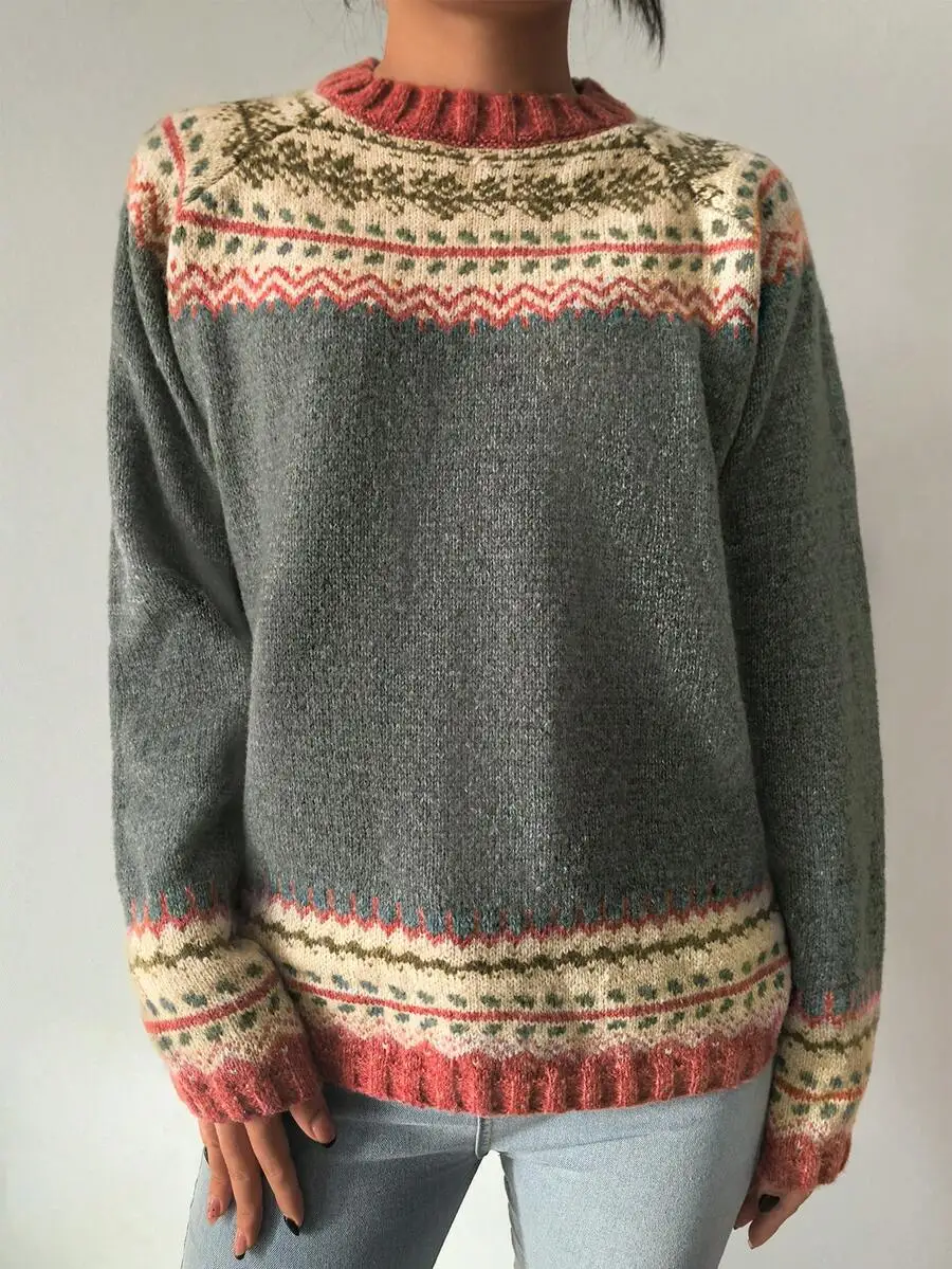

Women Round Neck Loose Fair Isle Knit Sweater Casual Pullover