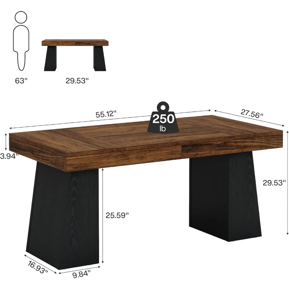 Mały drewniany stół konferencyjny w stylu wiejskim, 55,1 W, dla 4 osób, podwójne nogi trapezowe, idealny do sali konferencyjnej i na symposia.