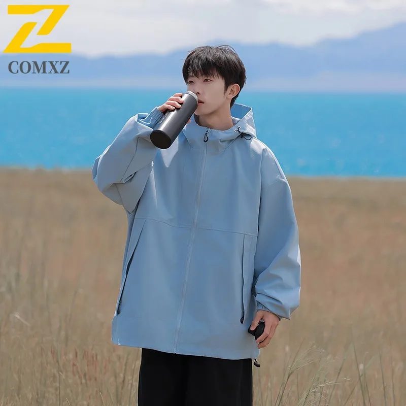

COMXZ 2024, мужская однотонная куртка, весна-осень, ветровка с капюшоном в американском стиле, повседневная модная легкая верхняя одежда
