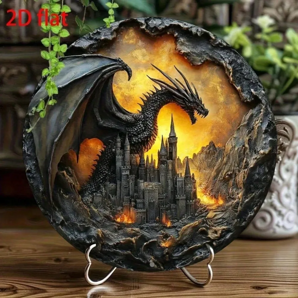 Vintage Drachen-Wandkunst Rustikales Metallschild Rund 2D Schloss-Dekoration für Zuhause Bar Fantasy-Geschenk