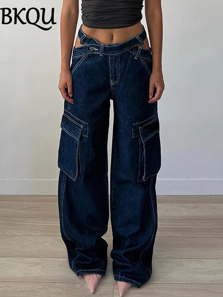 BKQU Wide Leg Cargo Jeans Women Low Waist Hollow Out Y2K Punk Baggy Pockets Straight Denim Pants Vintage Hip Hop Streetwear 2024