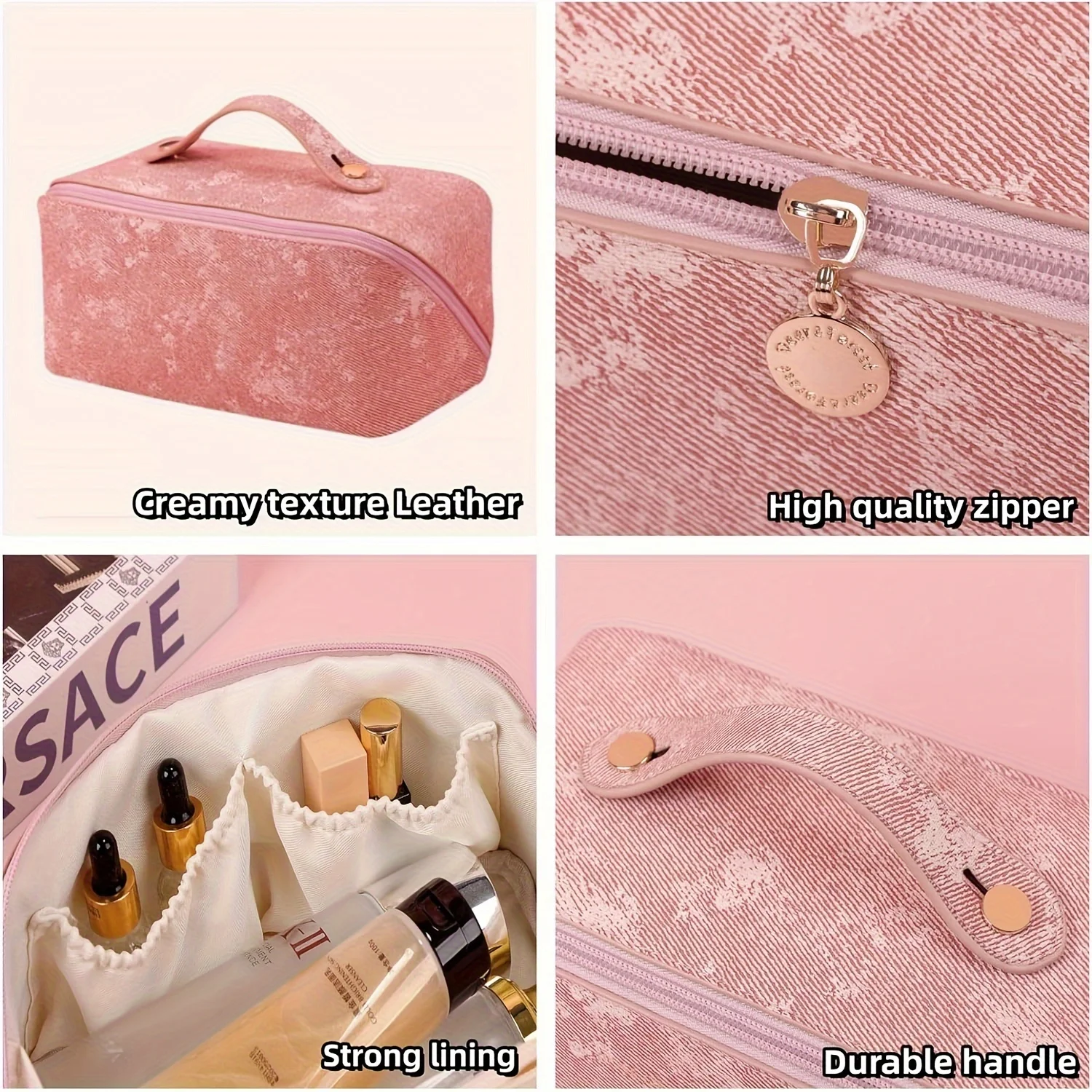 Borsa per il trucco da viaggio, borse per cosmetici di grande capacità per le donne, borsa per il trucco piatta aperta con custodia portatile