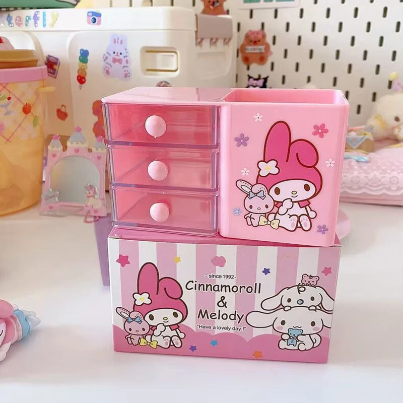 Sanrios My Melody Storage Box Kuromi Cinnamoroll Pochacco Pen Holder Drawer Organizer Box Anime Kawaii Mini Jewelry Cabinet Gift