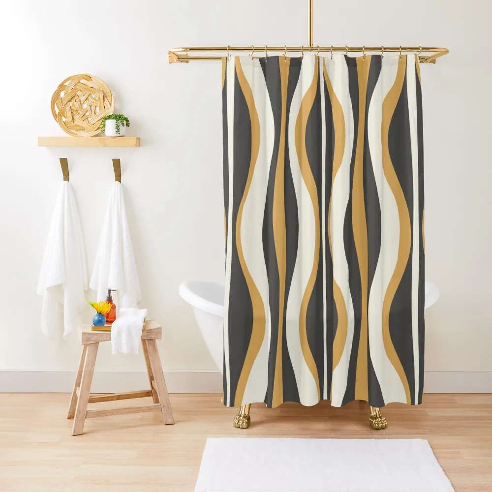 

Hourglass Abstract Mid-century Modern Pattern in Charcoal Grey, Muted Mustard Gold, and Cream Shower Curtain