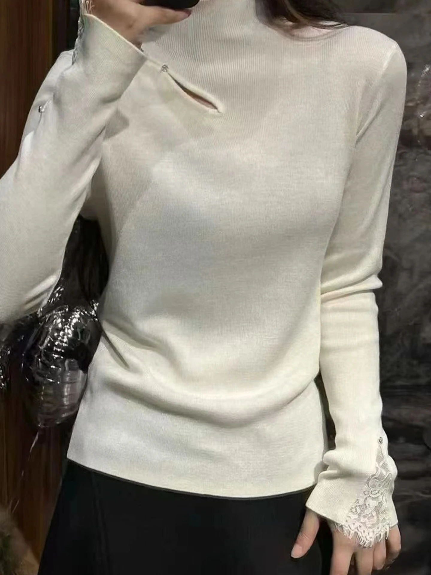 

Ele Lace Splice Long Sve Knitted Top Winter Base Layer Slimming Faionable Versatile Women's Commute Sle Soft Fabric