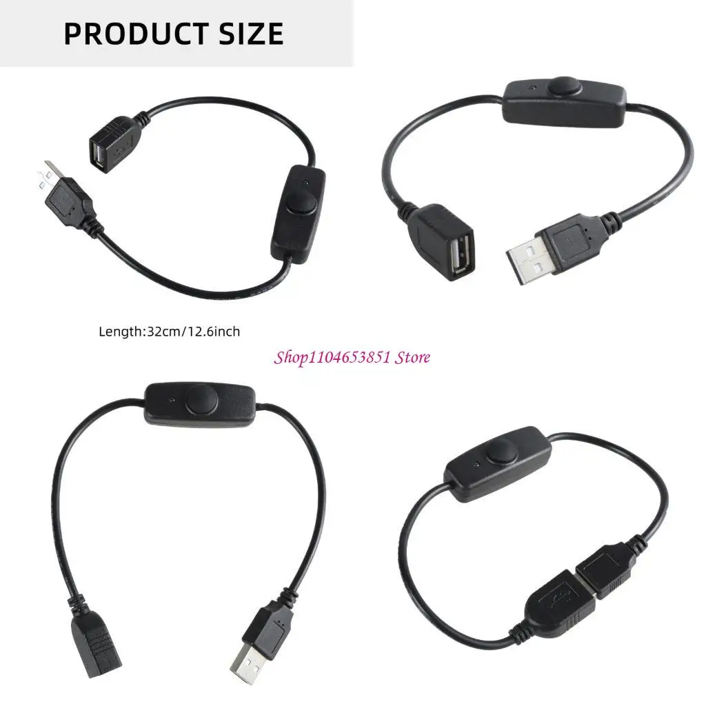 USB Extension Cord Wire with Power Indicator Light and Switches 32cm Length for USB Fan and Desktop Lamp 5V2A Charging