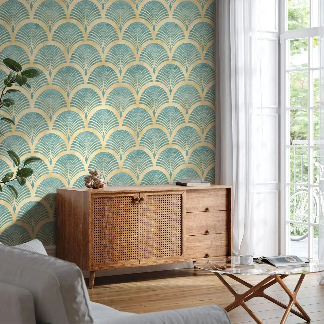 Green Art Deco Self Adhesive Wallpaper, Peel and Stick Or Traditional Geometric Wall Paper For Bedroom Decoration,Customize Size