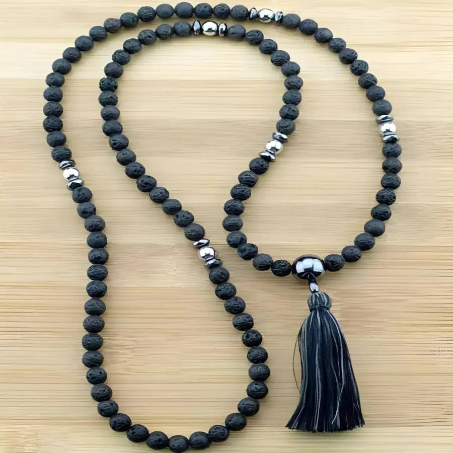 Handmade natural volcanic rock beads 108 necklace,men's cuff button necklace,Ramadan prayer bead,women's meditation,holiday gift view 3