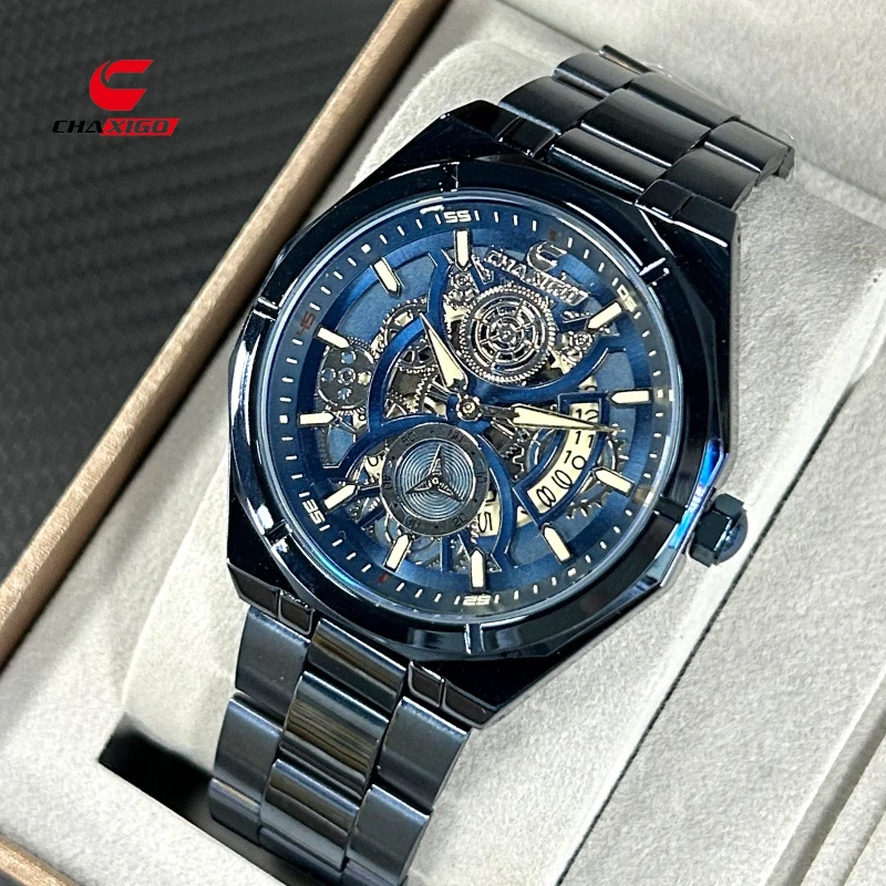 

CHAXIGO 6828 Trendy Unique Hollow Calendar Waterproof Electroplating Luminous Men's Quartz Stainless Steel Watches for Man