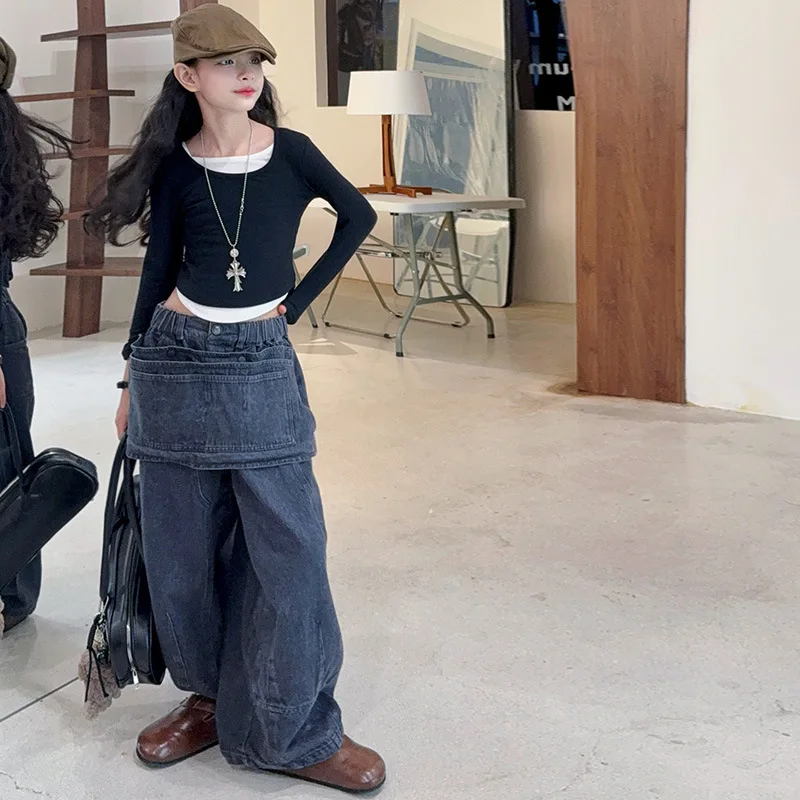 

School Girls Two-piece Outfit Autumn Teenager Girls Patchwork Top Kids Girls Fashion Harem Jean Children Girls Daily Sets
