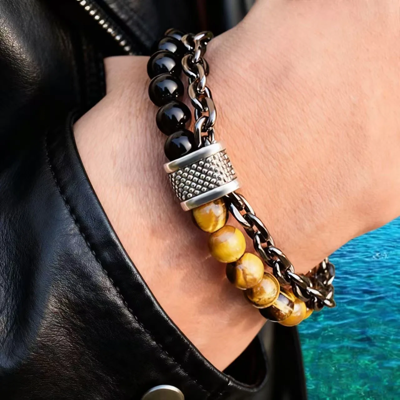 

Men's Beaded Bracelet with Iron Chain 1 PCS Fashion Punk Frosted Stone Chain Trend Full Matching Beaded Bracelet Accessories
