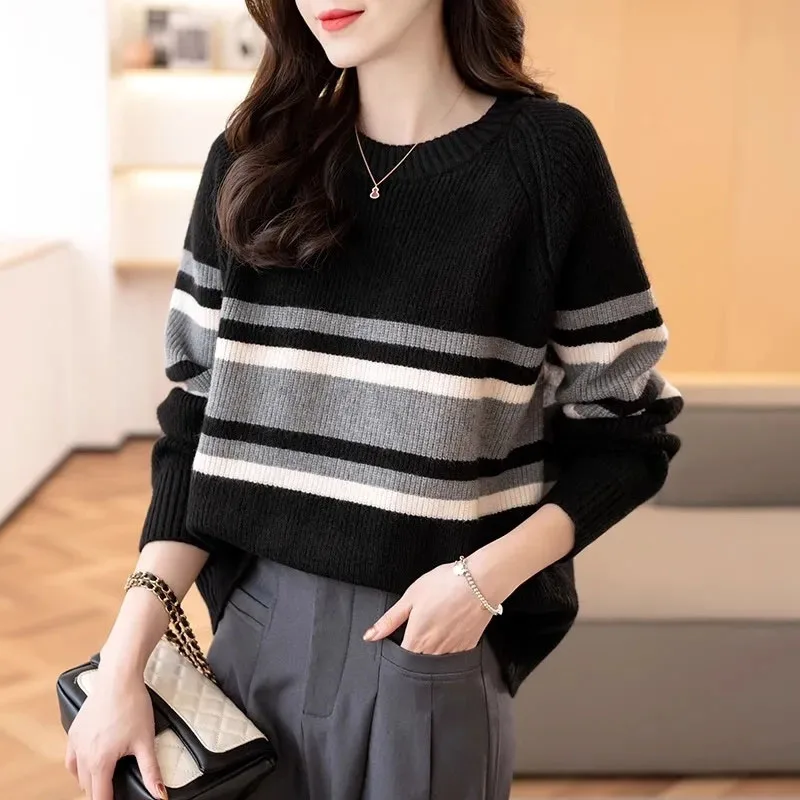 

Autumn Feminine Fashion Round Neck Loose Knitting 2025 Ladies Stripe Sweater Korean Women Large Size 5XL Pullover Knitwear Tops