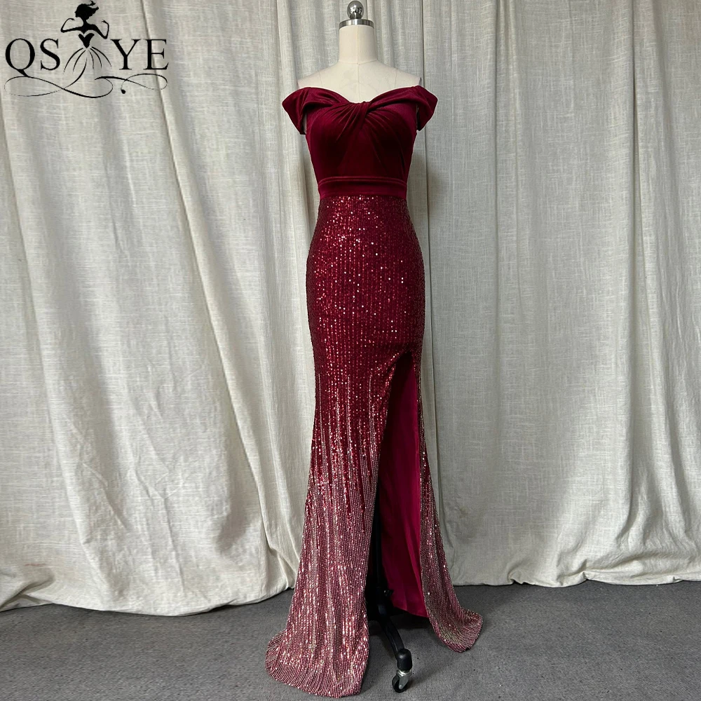 

Off Shoulder Burgundy Evening Dresses Open Split Velvet Prom Party Gown Fading Sequin Crisscross Formal Woman RedCelebrity Dress