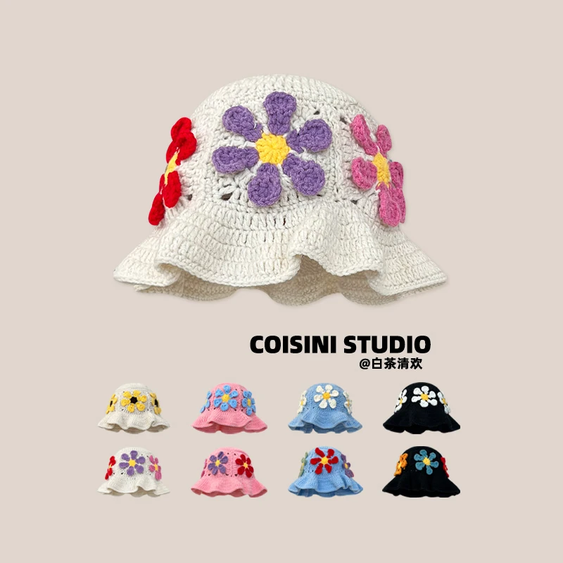 Korean Niche Colorful Flowers Hollow Knitted Caps for Women Show Face Small Spring and Autumn Travel Photo Versatile Bucket Hat