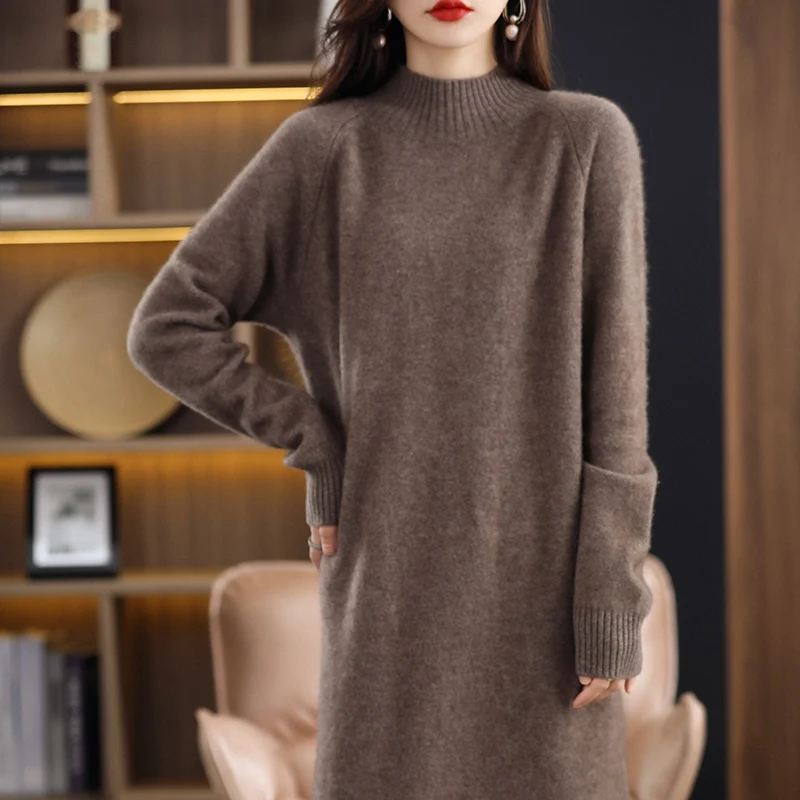 High-end New 100% Pure Cashmere Long Sweater Dress Women Loose Large Size Knitted Dresses Female Fashion O-Neck Pullover 3Colors