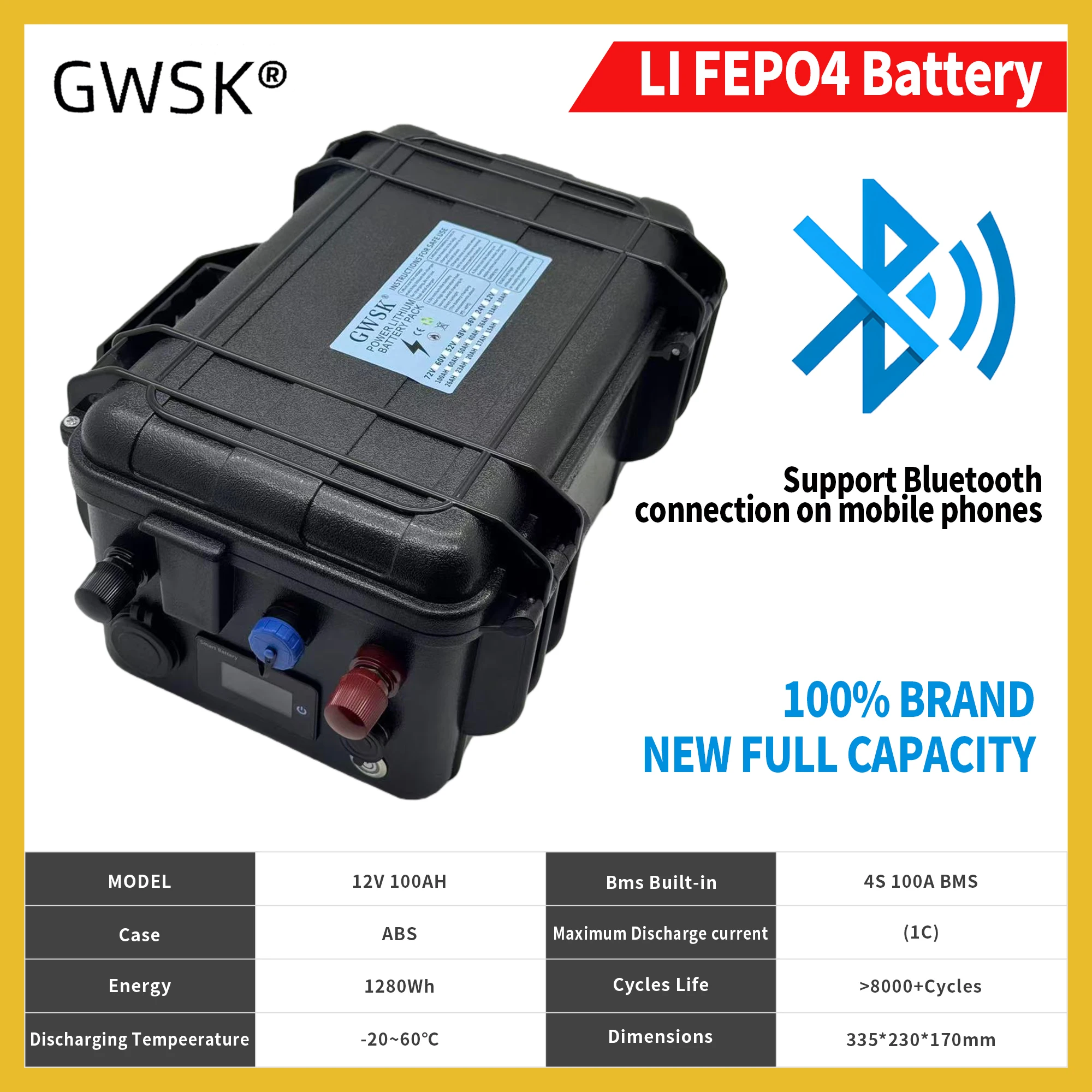 

Air freight, LiFePO4 battery with Bluetooth board, can be connected to Bluetooth, 12V-100AH built-in BMS100AH, power display