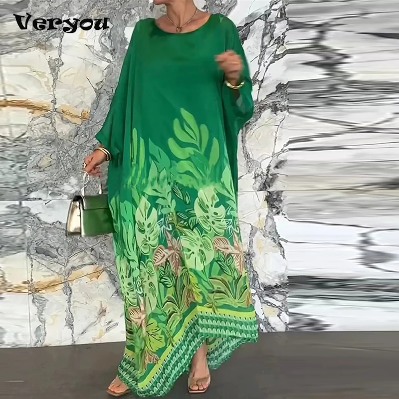

Women Elegant Long Dress Fashion Round Neck Bat Sleeve Party Dresses For Women Summer Holiday Robe Loose Plus Size Dress Women
