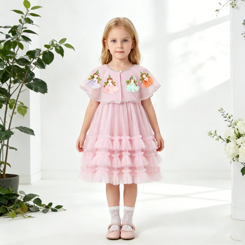 3D Flower Birthday Dresses Formal Party Kids' Dresses and Suits Pink Princess Dress Handmade Kids Clothing Slip Dress Shawl Set