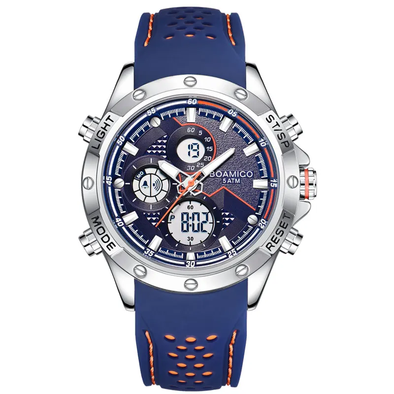 BOAMIGO 2022 Fashion Casual Blue Watch Men Military Digital Analog Quartz Chronograph Rubber Strap Watch Waterproof sport Watch