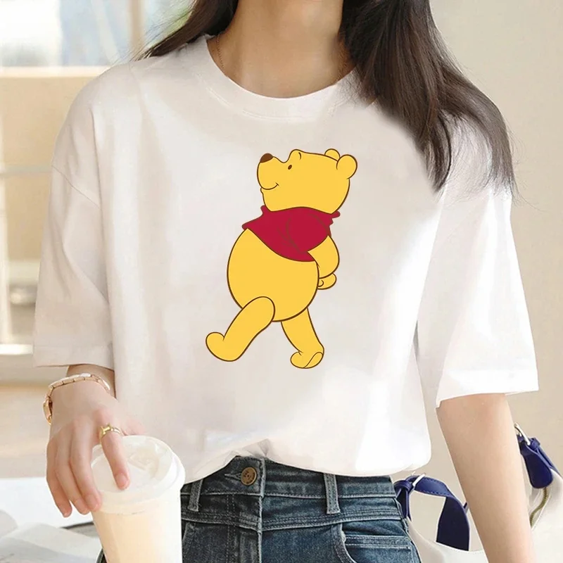 تي شيرت أبيض من Winnie ذا بو للنساء ، قمم Ulzzang من هاراجاكو ، أكمام قصيرة ، صيد أسماك كرتونية ، طباعة جرافيك ، أزياء كاواي