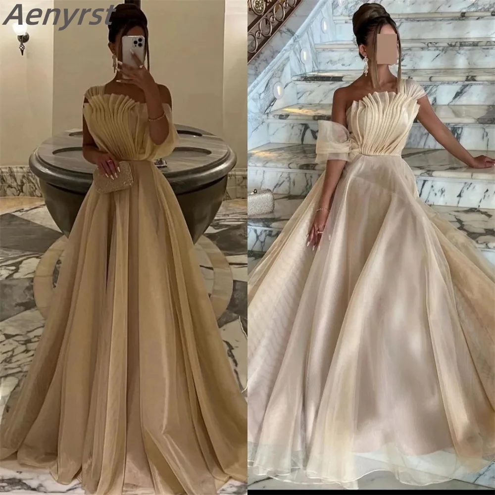 

Aenyrst Strapless Prom Gowns Elegant Ruffle A-Line Evening Dresses Draped Chiffon Party Dress Plus Size فاف فستان حفلات الزفاف