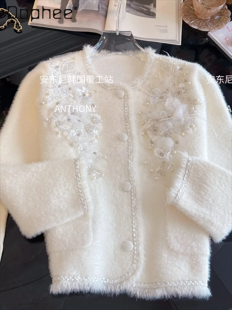 

Норковое бархатное свободное милое белое короткое пальто для женщин, модное однобортное пальто с длинными рукавами и круглым вырезом со стразами