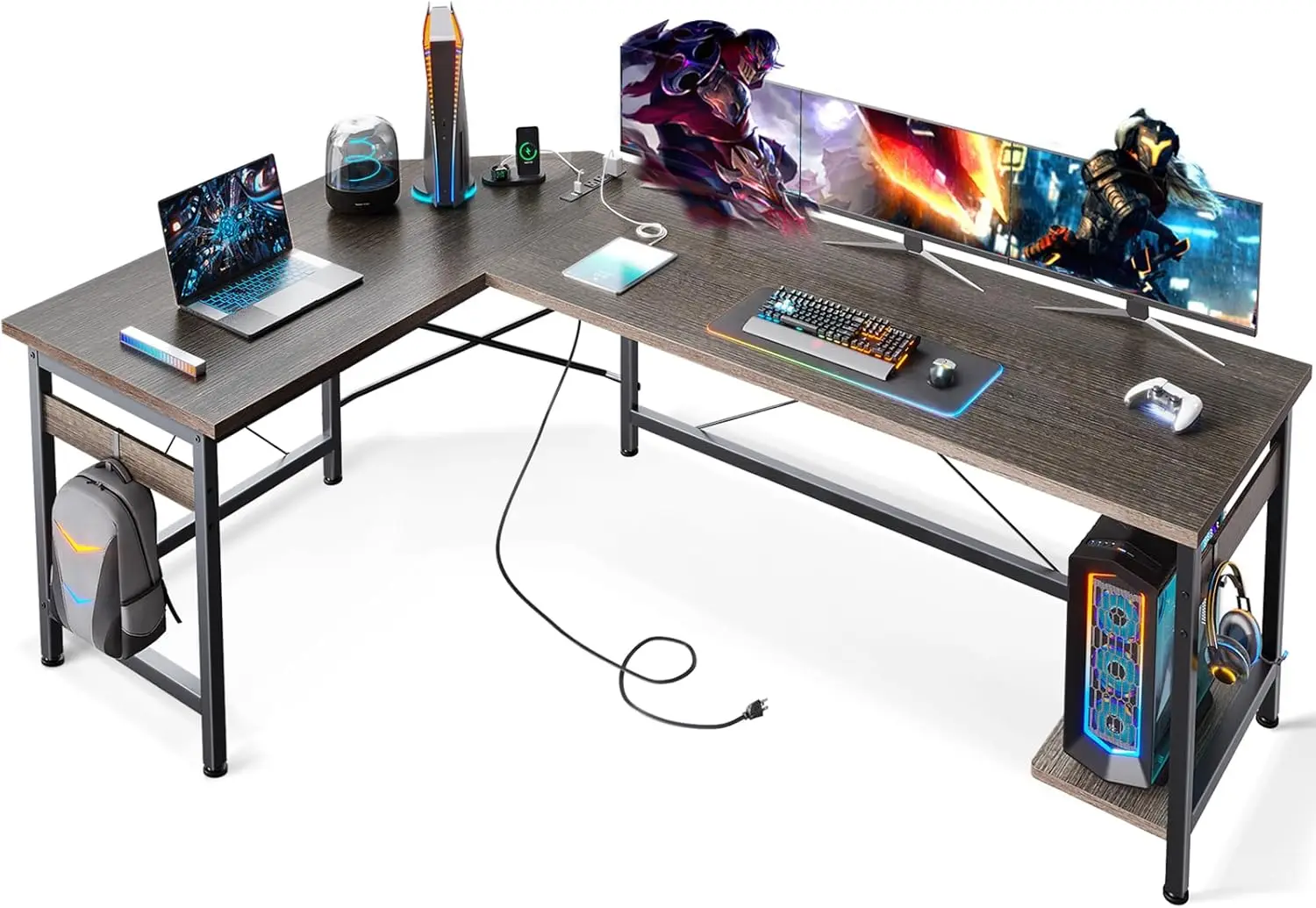 

66" L Shaped Gaming Desk with Outlet, L Shaped Desk with CPU Stand, Corner Computer Desk, Home Office Desk, Writing Desk, Grey O